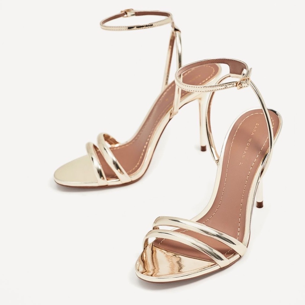 ZARA METALLIC GOLD STRAPPY HEELED SANDALS (SIZE 9=39EU)